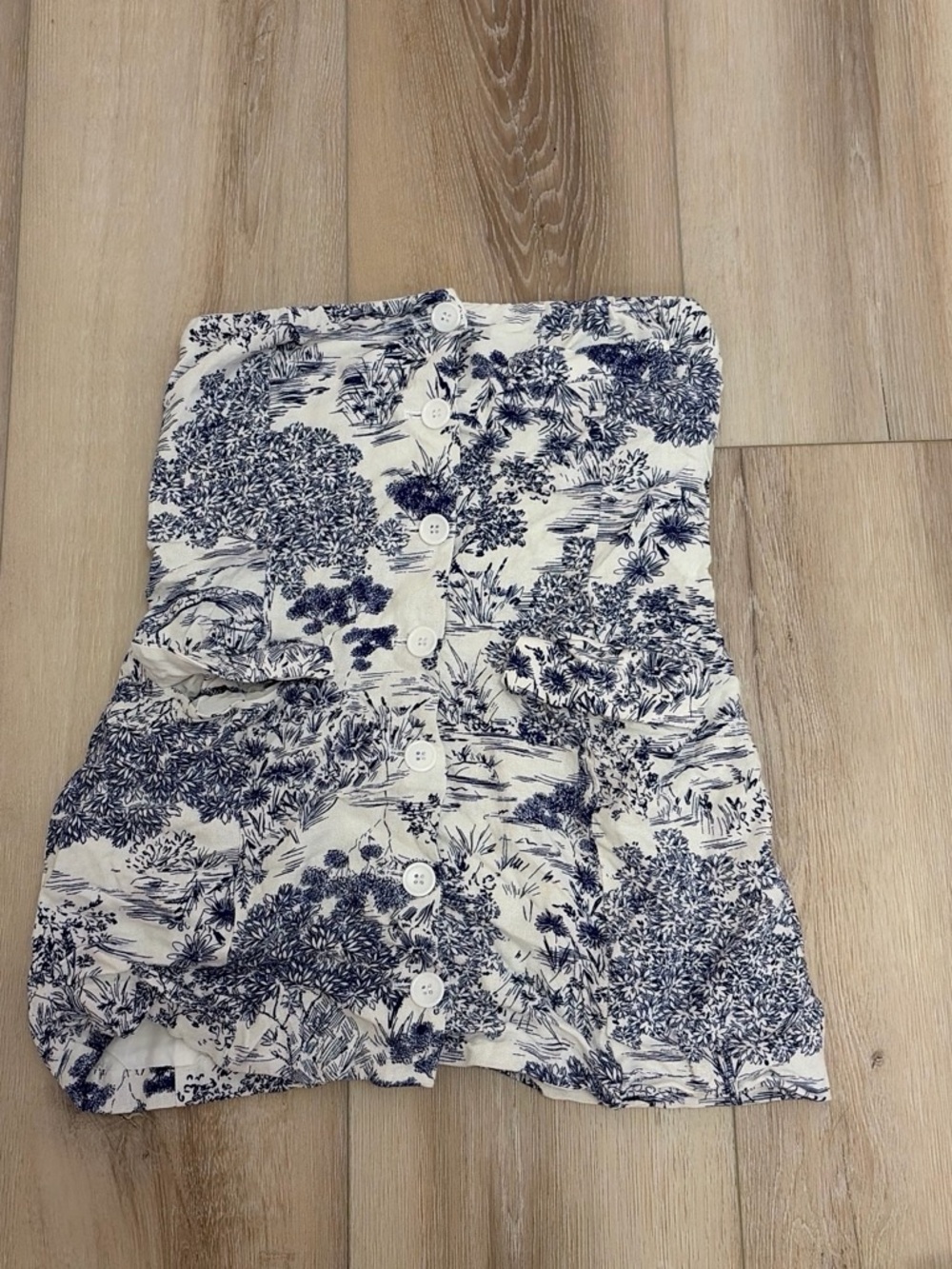 Olivaceous White and Navy Blue Floral Button-Front Dress